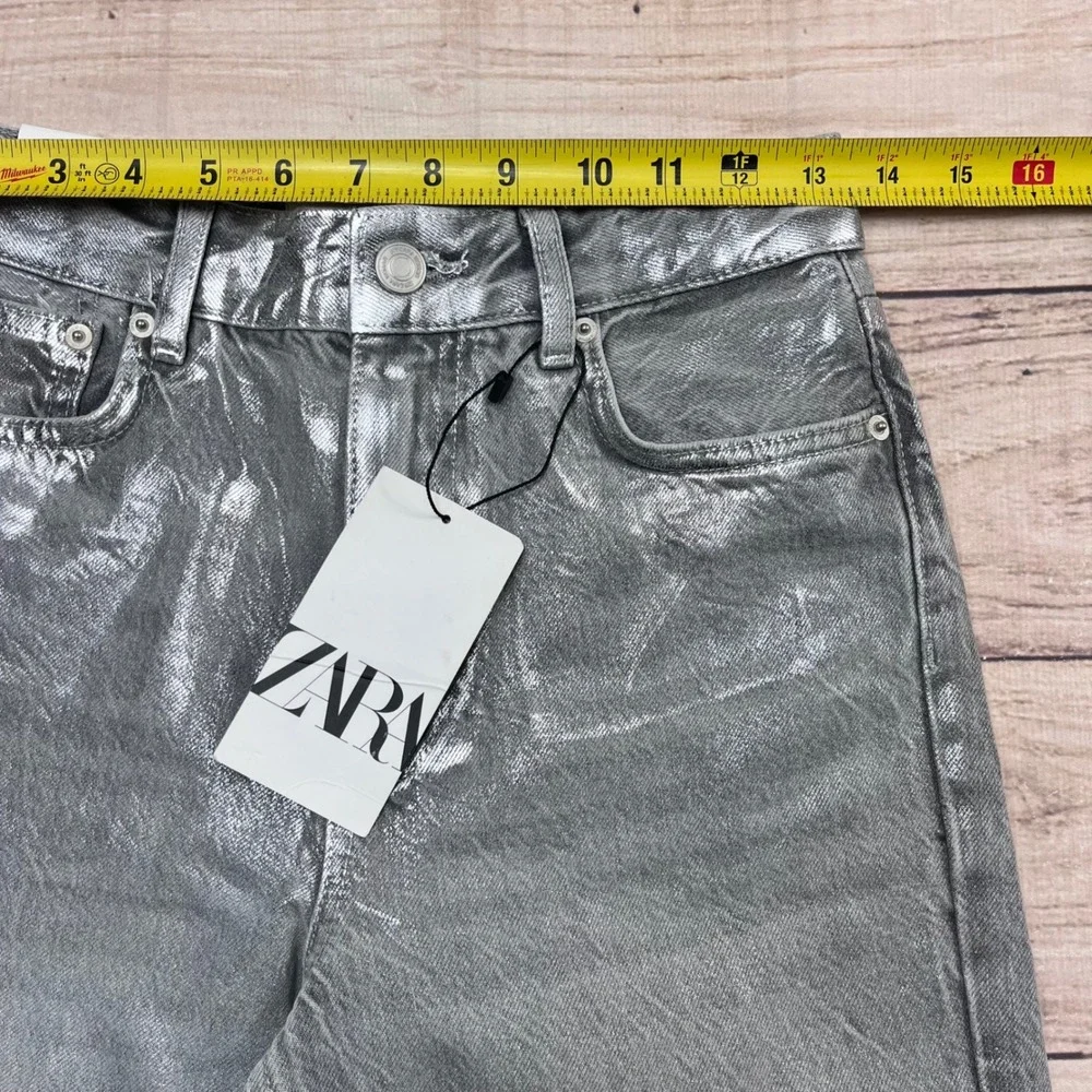 ZARA Metallic‎ Slim Fit Mid Rise Jeans Silver Women Size 2 34